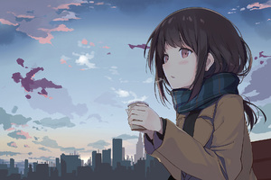 Anime Girl Holding Tea Outside