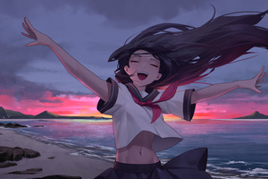 Anime Girl In Joy On Beach (1280x1024) Resolution Wallpaper