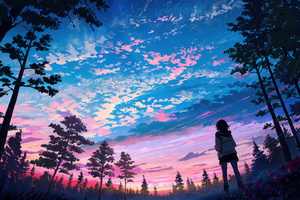 Anime Girl In Outdoor Woods Wallpaper