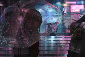 Anime Girl In Rain With Umbrella 4k (1920x1080) Resolution Wallpaper