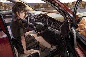 Anime Girl Inside Car (2048x2048) Resolution Wallpaper