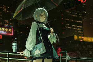 Anime Girl Night Stroll With Umbrella Wallpaper