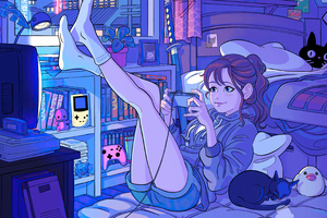Anime Girl Playing Games In Her Room (1920x1080) Resolution Wallpaper