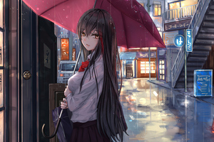 Anime Girl Rain Umbrella Looking At Viewer Wallpaper