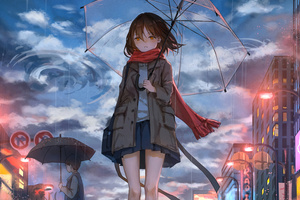 Anime Girl Rain Umbrella Wind 5k Wallpaper