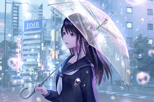 Anime Girl Rain Water Drops Umbrella