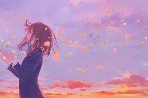 Anime Girl School Uniform Flowers Clouds 8k