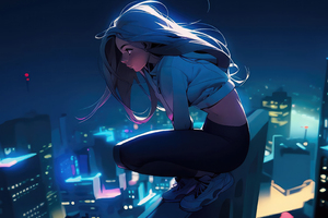 anime girl sitting above the building 6y
