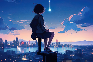 Anime Girl Sitting On The Top And Watching The City Site Wallpaper
