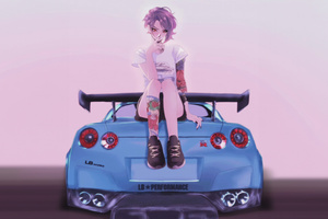 Anime Girl Sitting On Trunk Of Nissan Gtr (2560x1024) Resolution Wallpaper