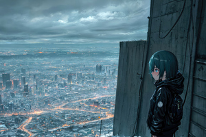 Anime Girl Soulful Stare At Cityscape Wallpaper