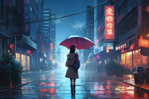 Anime Girl Walking In Rain Umbrella 5k