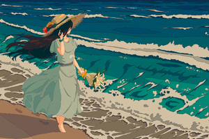 Anime Girl Walking On Beach Hair Blowing In Wind (1600x900) Resolution Wallpaper