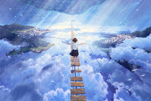 Anime Girl Walking On Dream Bridge In Clouds Wallpaper