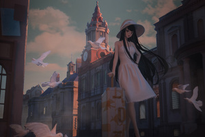Anime Girl With A Stylish Suitcase Cap Strolls Down The Bustling Street Wallpaper