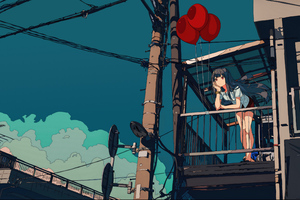 Anime Girl With Balloons Standing On A Balcony (1360x768) Resolution Wallpaper
