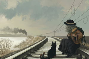 Anime Girl With Cat On Railroad