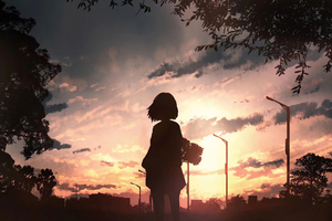 Anime Girl With Flowers Looking Towards Sunset