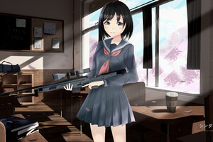 Anime Girl With Gun In School Wallpaper