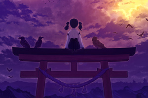 Anime Girl With Ravens (2048x1152) Resolution Wallpaper