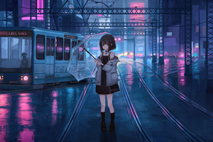 Anime Girl With Umbrella Under Neon Lights Tram Passing By Wallpaper