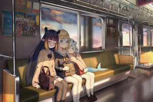 Anime Girls In Train Closed Eyes Smiling Sailor Uniform