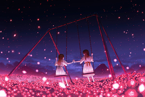 Anime Girls On Swing (1336x768) Resolution Wallpaper