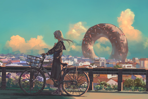 Anime Original Bike City Long Hair Artwork Wallpaper