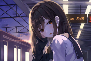 Anime School Girl Sitting In Train Platform 4k (2560x1080) Resolution Wallpaper