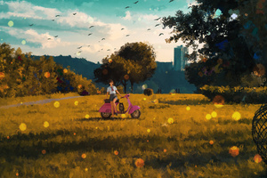Anime School Girl With Dog And Scooter (1920x1200) Resolution Wallpaper