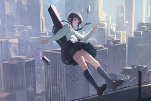 Anime School Girl With Guitar Falling From The Building (2560x1024) Resolution Wallpaper