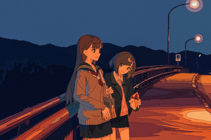 Anime School Girls Sidewalks Evning Chatting