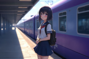 Anime Schoolgirl At Train Station (1920x1080) Resolution Wallpaper