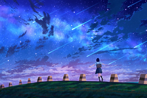 Anime Schoolgirl Under Shooting Stars (2048x1152) Resolution Wallpaper