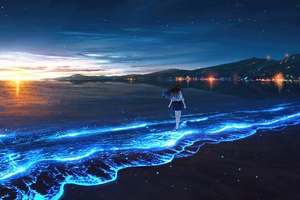 Anime Schoolgirl Walking Barefoot By The Seaside (2932x2932) Resolution Wallpaper