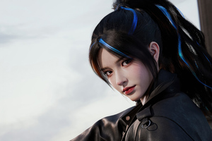 Asian Cg Girl With Blue Hair Strips Wallpaper
