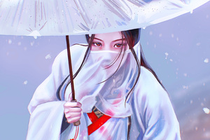 Asian Girl Face Covered Umbrella Digital Art Wallpaper
