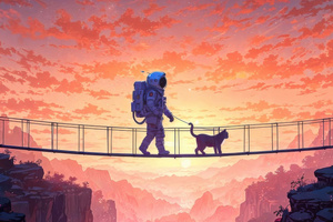 Astronaut And Cat Walking Among The Clouds (1280x1024) Resolution Wallpaper