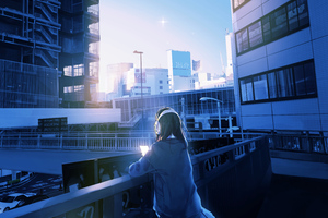 Balcony Traffic Lights Anime Girl Long Hair 5k