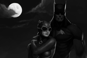 Batman And Catgirl Monochrome 4k Wallpaper
