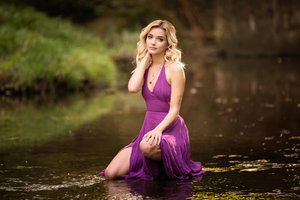 Beautiful Girl In A Purple Dress Looking At Viewer Wallpaper