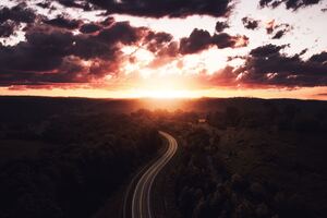 Beautiful Road Path Sun Setting Drone View 4k