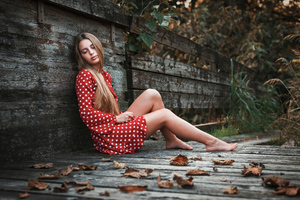 Beautiful Young Woman In Red Polka Dot Dress Sitting On Wooden Bridge (2560x1024) Resolution Wallpaper