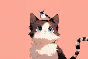 Bird Sitting On Cat Head Minimal Cute 5k (2560x1440) Resolution Wallpaper