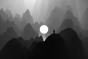 Black And White Moon Man Standing On Mountain Artwork (1600x900) Resolution Wallpaper