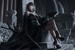 Black Dress Queen Sitting On Cemented Throne (2560x1600) Resolution Wallpaper