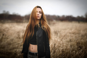 Black Leather Jacket Redhead Long Hairs On Face Wallpaper
