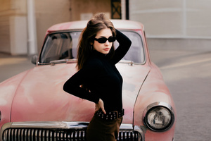 Black Turtleneck Model With Vintage Car (2560x1600) Resolution Wallpaper