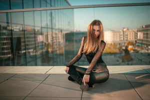 Blonde Girl Black Clothing Rooftop Wallpaper