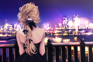 Blonde Girl Black Dress Looking At City 4k Wallpaper
